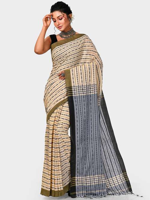 beige self design handloom saree with blouse - 20614320 - Very Small Image - 1