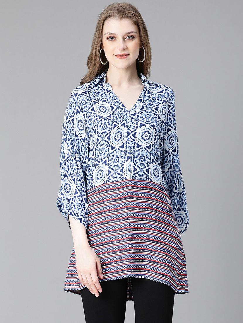 women printed collared high-low tunic - 20615110 - Zoom Image - 0