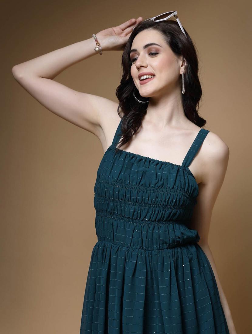 bottle green self design smocked maxi dress - 20644388 - Standard Image - 5