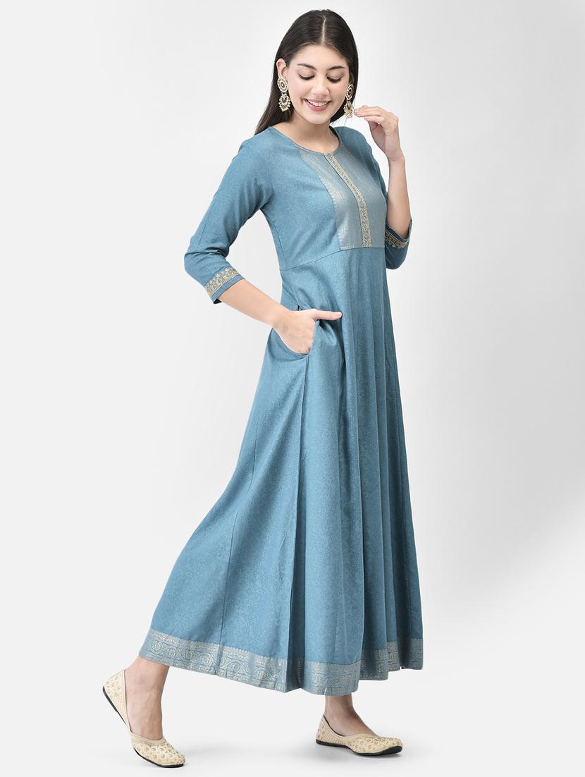 blue three quarter sleeve flared kurta - 20683374 - Zoom Image - 3