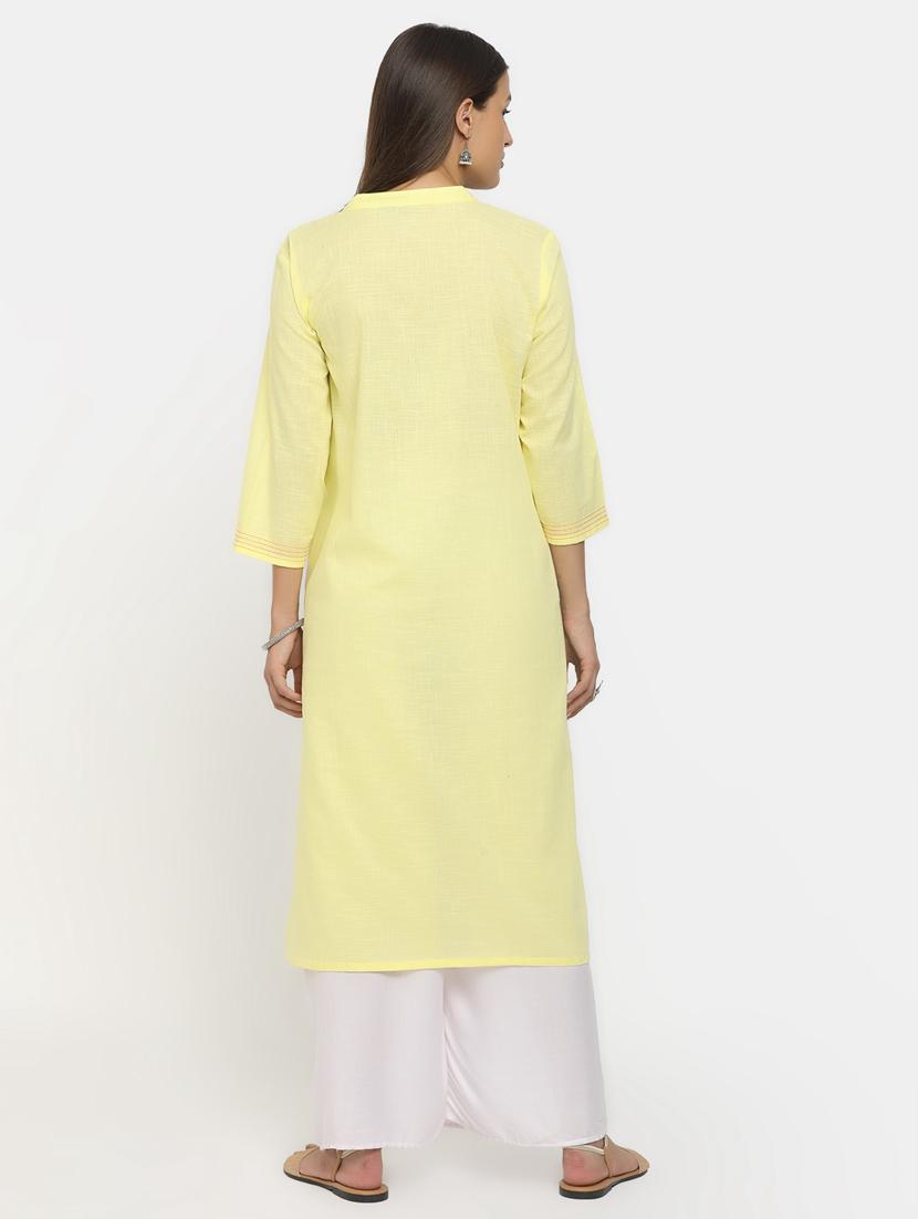 yellow three quarter sleeve straight kurta - 20685987 - Zoom Image - 3