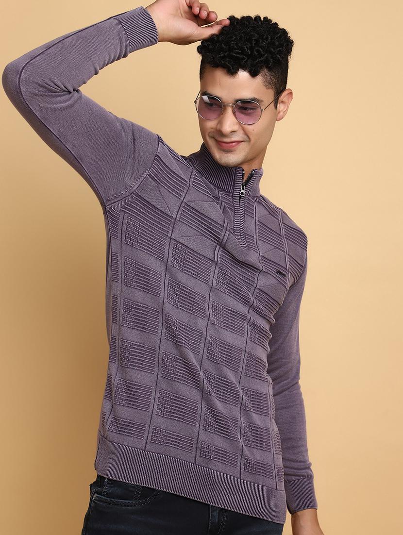 purple self design zip detailed pullover - 20686862 - Zoom Image - 3