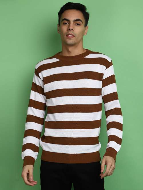 brown & white striped round neck pullover - 20686871 - Very Small Image - 1
