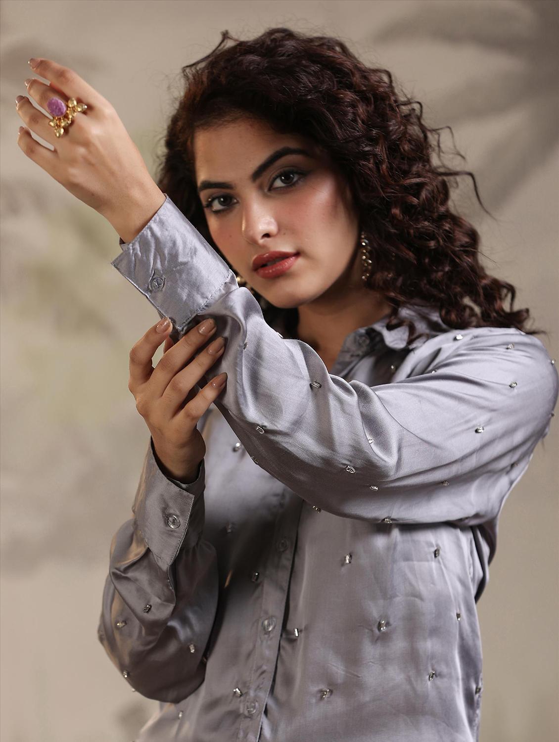 grey embroidered print co-ord set - 20727280 - Zoom Image - 7
