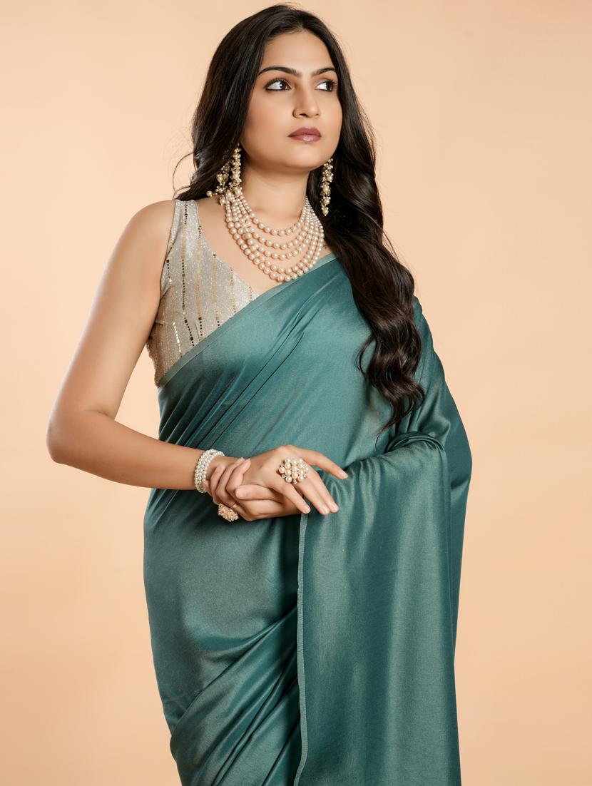 teal solid plain saree with blouse - 20757397 - Standard Image - 3