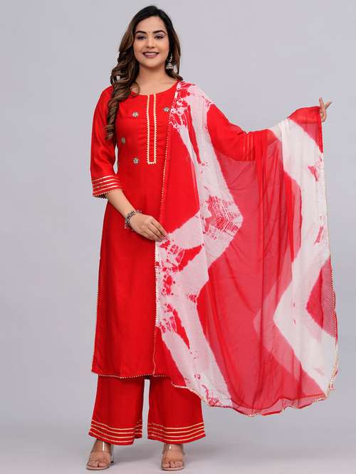 women red round neck kurta palazzo set with dupatta - 20768055 - Very Small Image - 1
