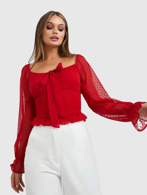 red self design smocked detailed top - 20845784 - Very Small Image - 1