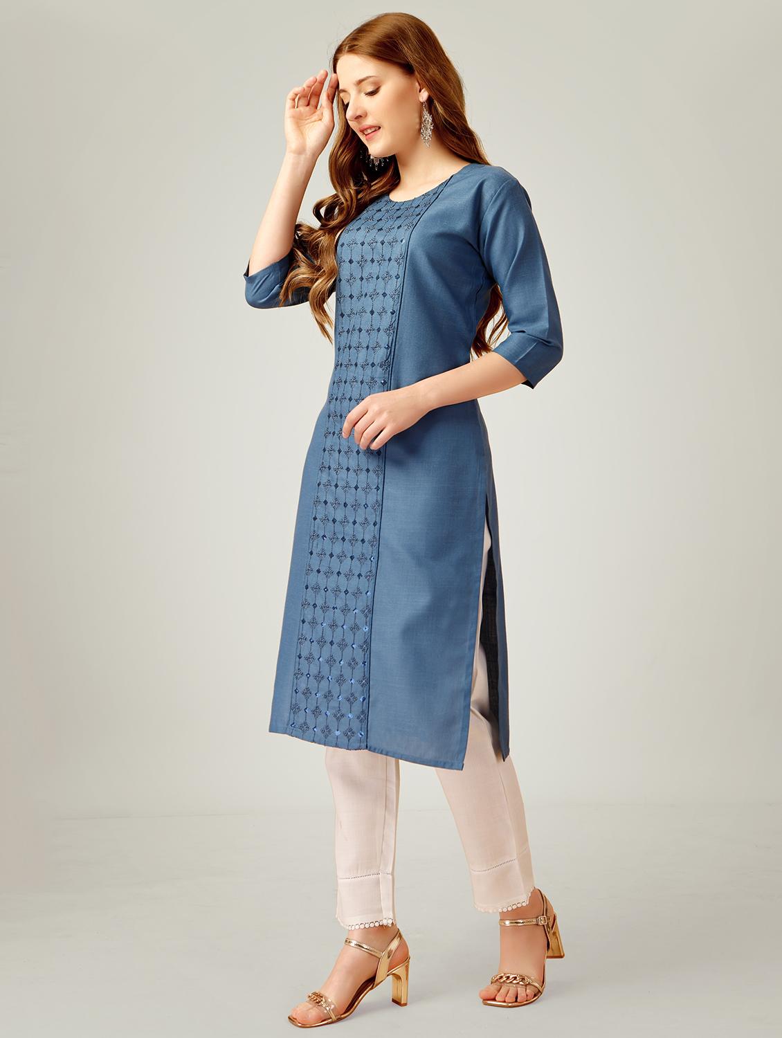 women blue round neck kurta pant set - 20878490 - Zoom Image - 1