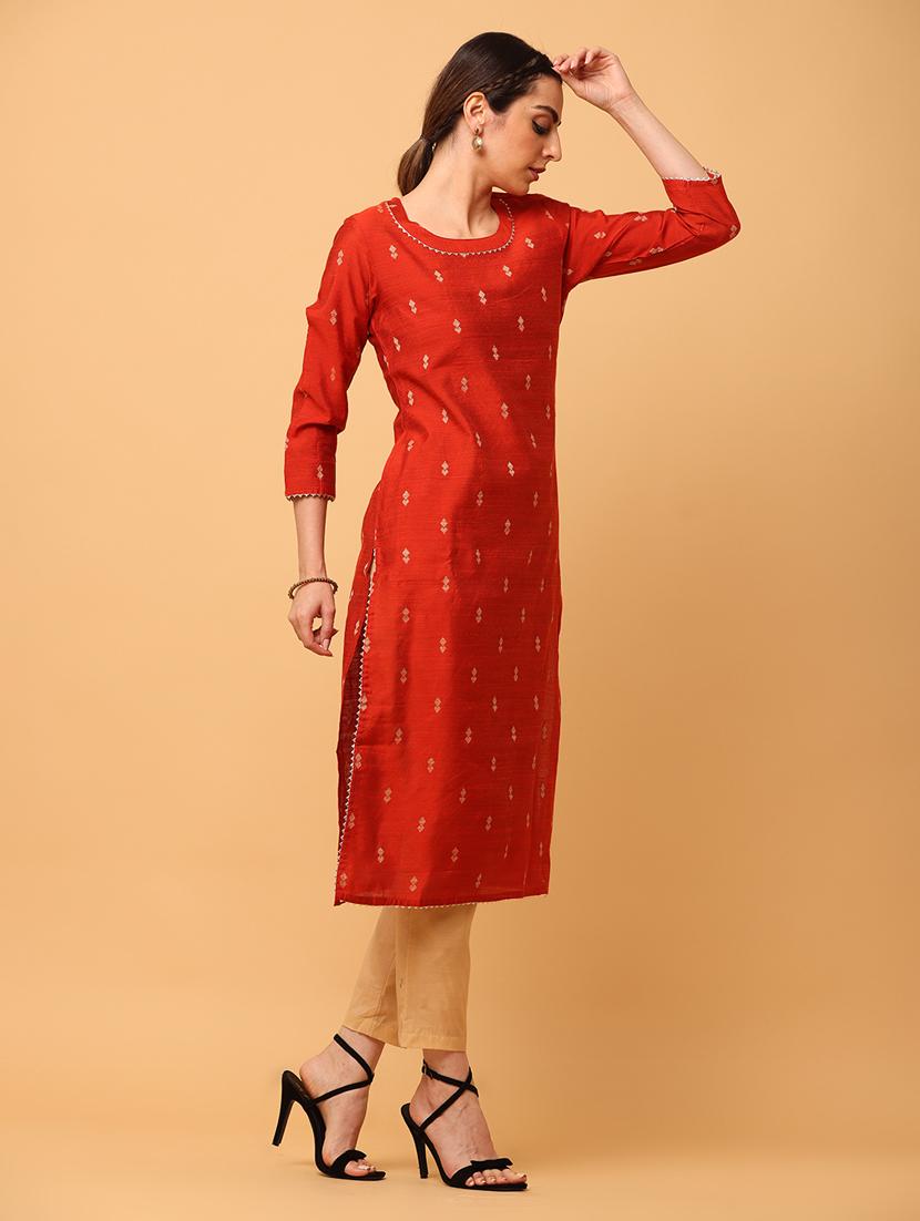 women orange round neck straight kurta - 20878542 - Standard Image - 2