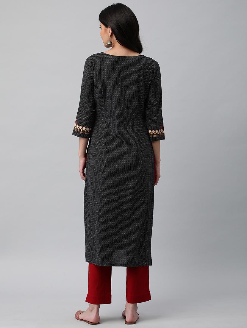 women notch neck cotton straight kurta - 20912065 - Standard Image - 3