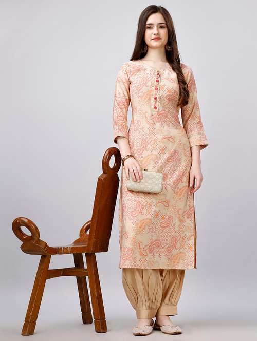women beige round neck kurta salwar set - 20929878 - Very Small Image - 1