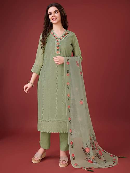 women green v neck kurta pant set with dupatta set - 20929909 - Very Small Image - 1