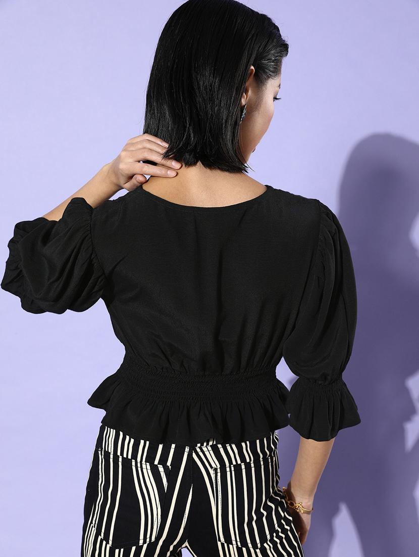 women solid smocked detailed puff sleeves top - 20930974 - Zoom Image - 2