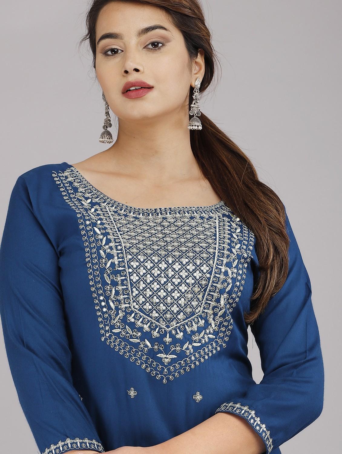 teal embroidered kurta pant set - 20948126 - Zoom Image - 2