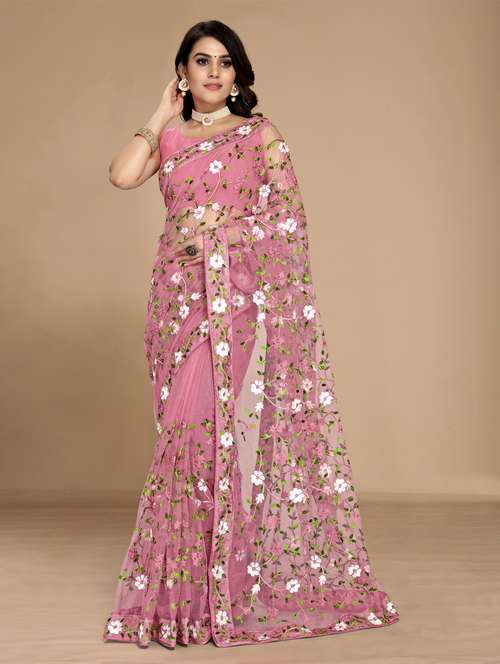 women pink embroidered saree with blouse - 20960481 - Very Small Image - 1