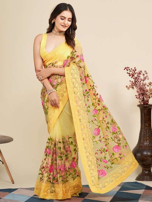 yellow net embroidered saree with blouse - 20960489 - Very Small Image - 1