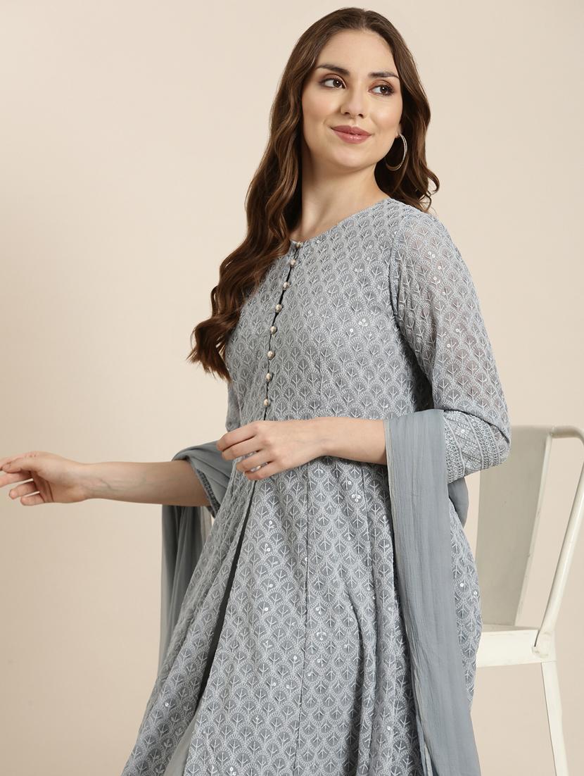 women grey round neck a-line kurta with long shrug - 20961038 - Zoom Image - 8