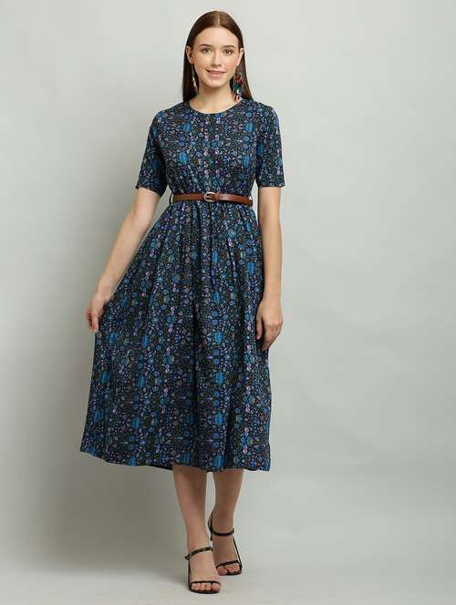 women round neck printed fit & flare dress - 20968417 - Very Small Image - 1