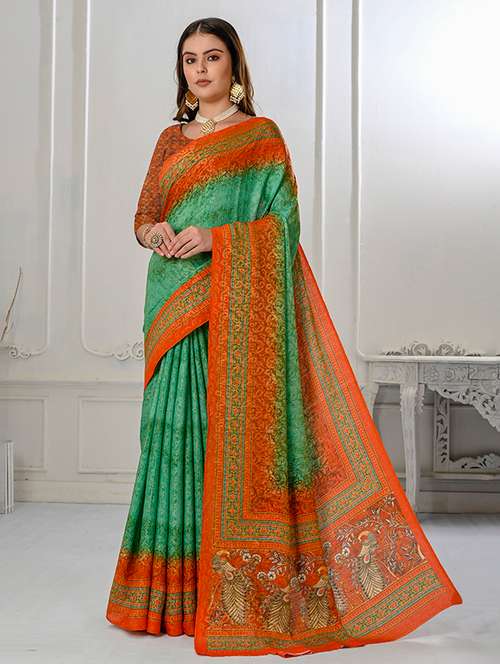 women green printed bordered saree with blouse - 21034006 - Very Small Image - 1