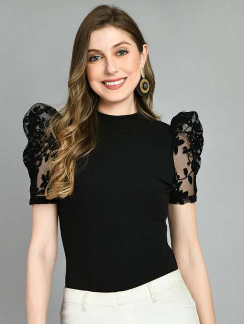 women solids puff sleeves top - 21052428 - Very Small Image - 1