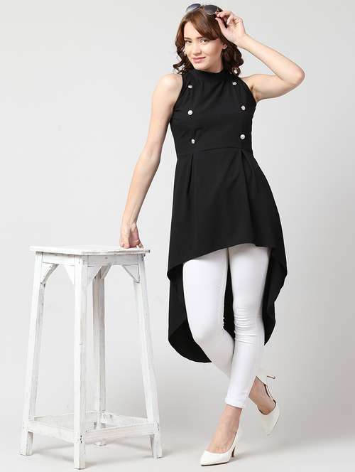 women solid black high low detailed tunic - 21052940 - Very Small Image - 1