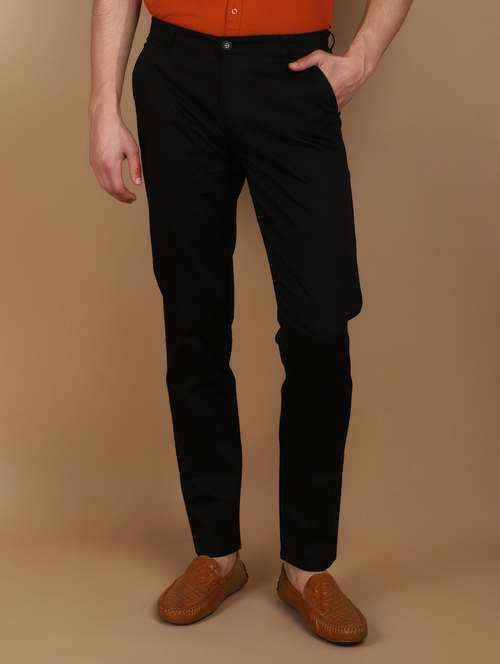 black cotton flat front casual trousers - 21068004 - Very Small Image - 1