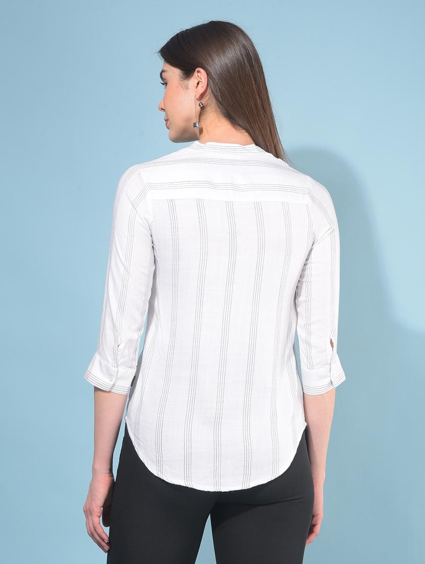 women striped mandrain neck shirt - 21110830 - Zoom Image - 3