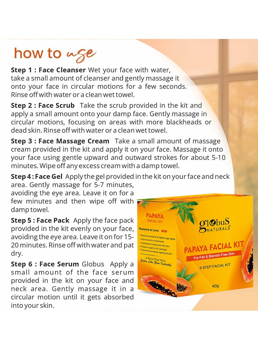 globus naturals papaya facial kit for blemish free skin & anti-pigmentation, 6 steps, 40 gm - 21128653 - Standard Image - 3