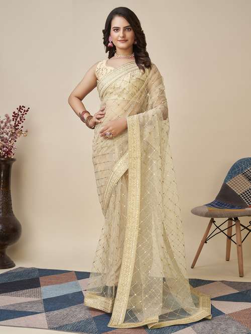 beige net embroidered saree with blouse - 21134310 - Very Small Image - 1