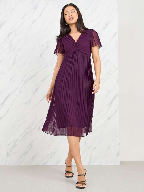 women purple solid short sleeve a-line dress - 21135585 - Very Small Image - 1