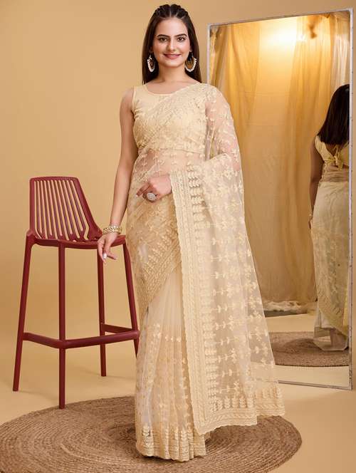 beige net embroidered saree with blouse - 21139820 - Very Small Image - 1