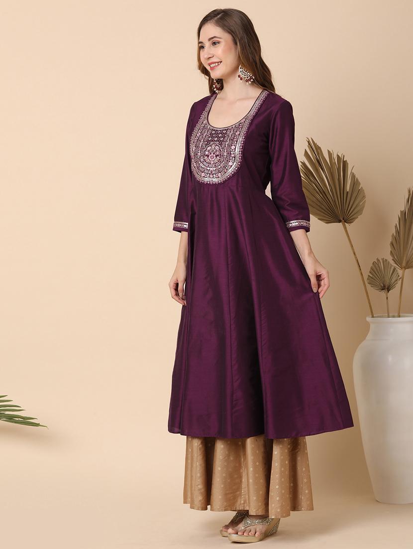 women's purple embroidered yoke panelled anarkali kurta - 21144992 -  Standard Image - 1