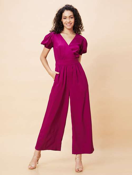 globus women purple wrap neck puff sleeves back waist tie-up long jumpsuit - 21193475 - Very Small Image - 1