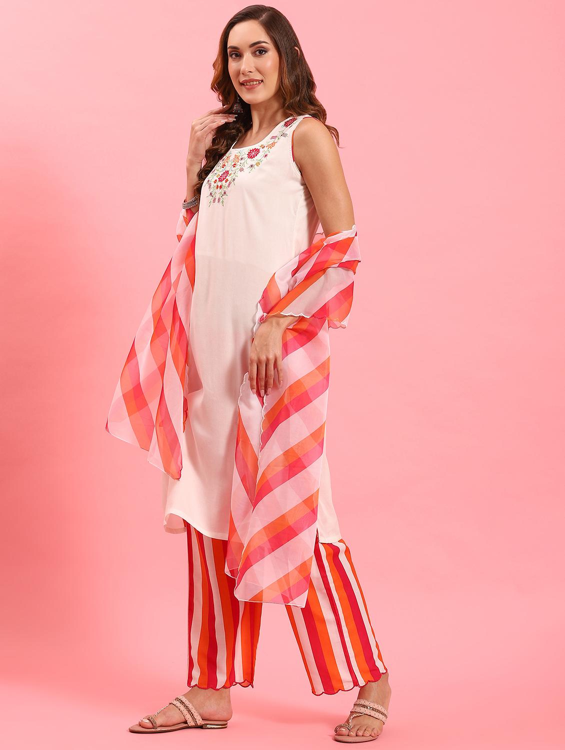 white rayon kurta dupatta set - 21221581 - Zoom Image - 1