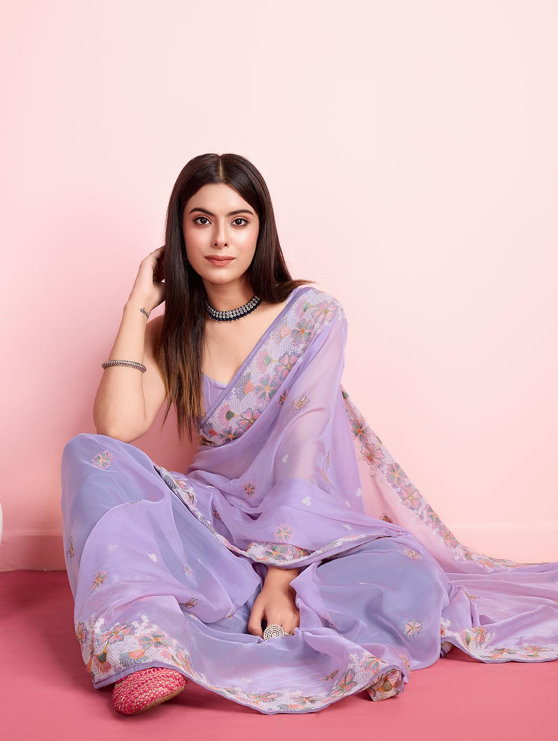 lavender organza embroidered saree with blouse - 21257540 - Zoom Image - 2