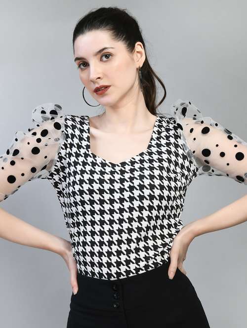 women houndsooth printed puff sleeves top - 21269795 - Very Small Image - 1