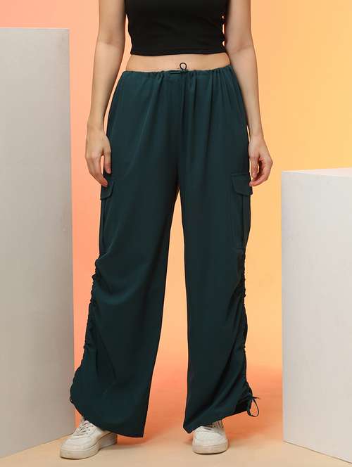 globus women forest green loose fit side ruching high rise cargo jogger with drawstring  - 21276134 - Very Small Image - 1