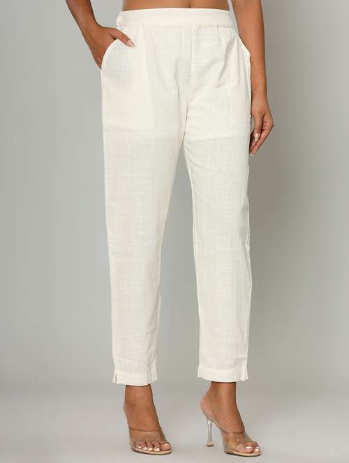 women white cotton straight tapered pant - 21276644 - Very Small Image - 1