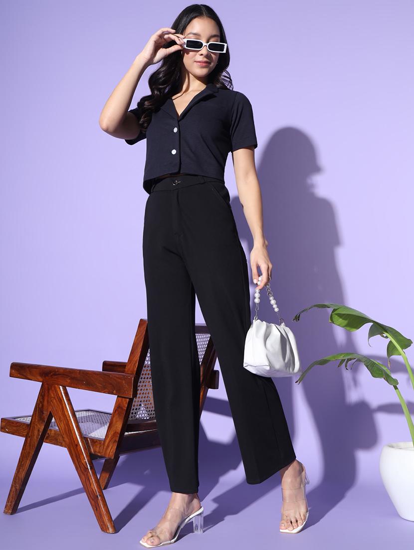 women solid lapel neck short sleeves crop top - 21281955 - Standard Image - 3