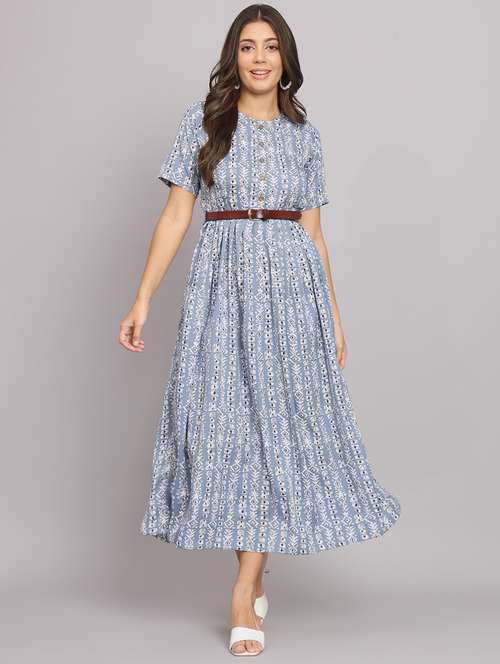 blue printed crepe a-line dress - 21297304 - Very Small Image - 1