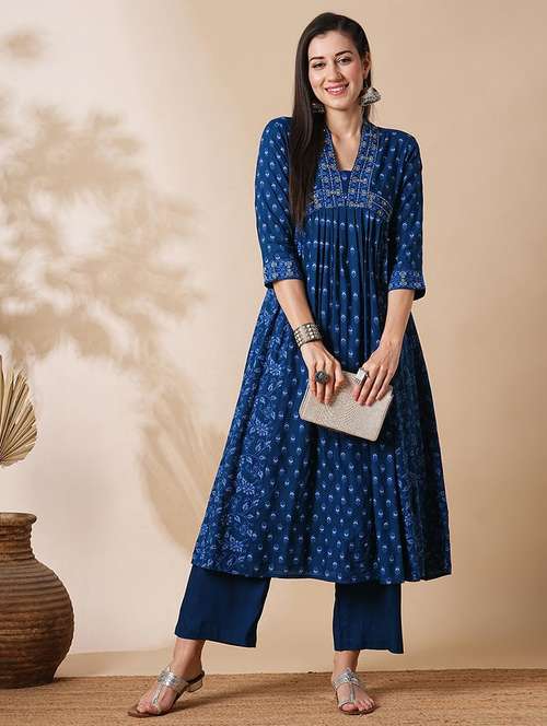 globus women blue allover floral printed pleated & panelled a-line nyra cut workwear kurta with straight pants - 21305291 - Very Small Image - 1