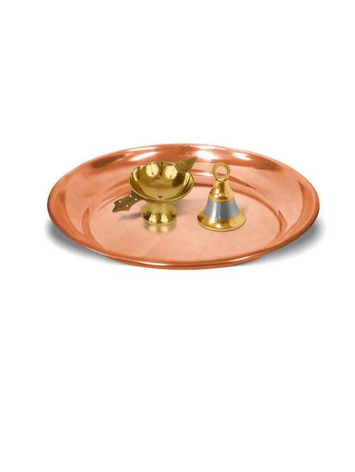 adhvik combo of small size laxmi diya and hanging bell with 6 inch copper pooja thali set for home and office - 21305474 - Very Small Image - 1