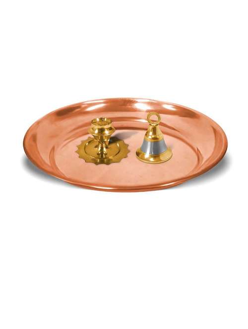 adhvik combo of small size incense holder and hanging bell with 6 inch copper pooja thali set for home and office - 21305475 - Very Small Image - 1