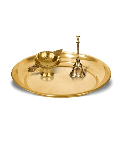 adhvik combo of small size laxmi diya and puja bell with 6 inch pooja thali set for home and office - 21305477 - Very Small Image - 1