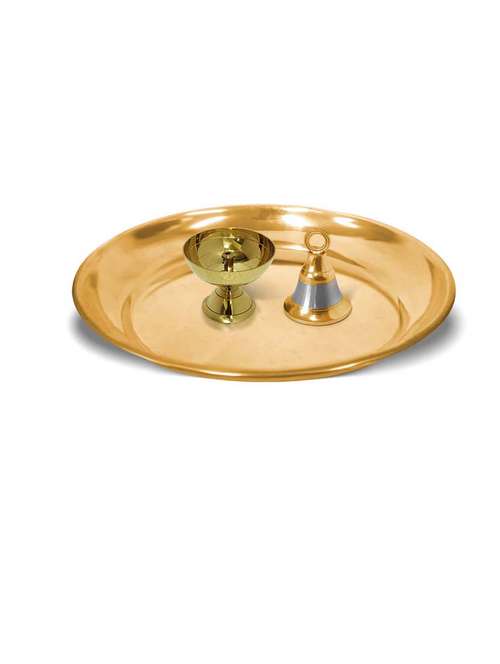 adhvik combo of small size paro pyali diya and hanging bell with 6 inch pooja thali set for home and office - 21305481 - Very Small Image - 1