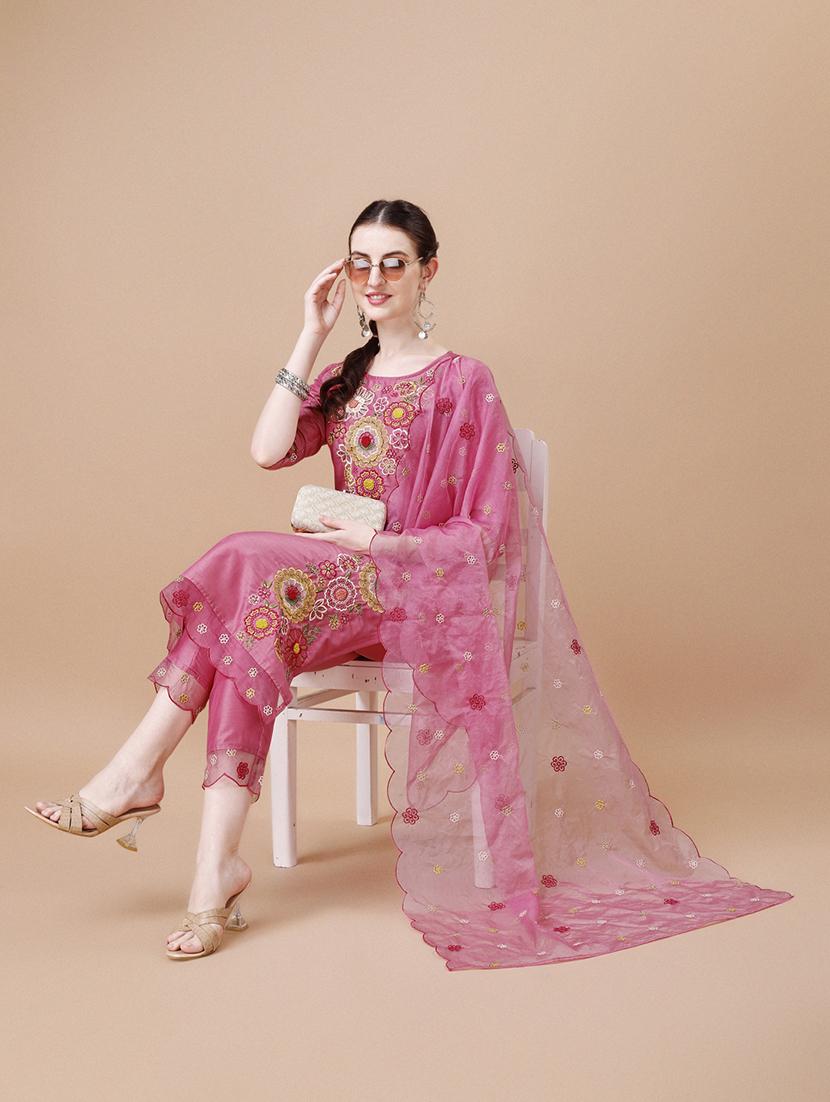 pink chanderi kurta dupatta set - 21308911 - Standard Image - 3