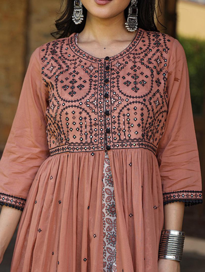 women peach round neck flared dress - 21337765 - Standard Image - 3