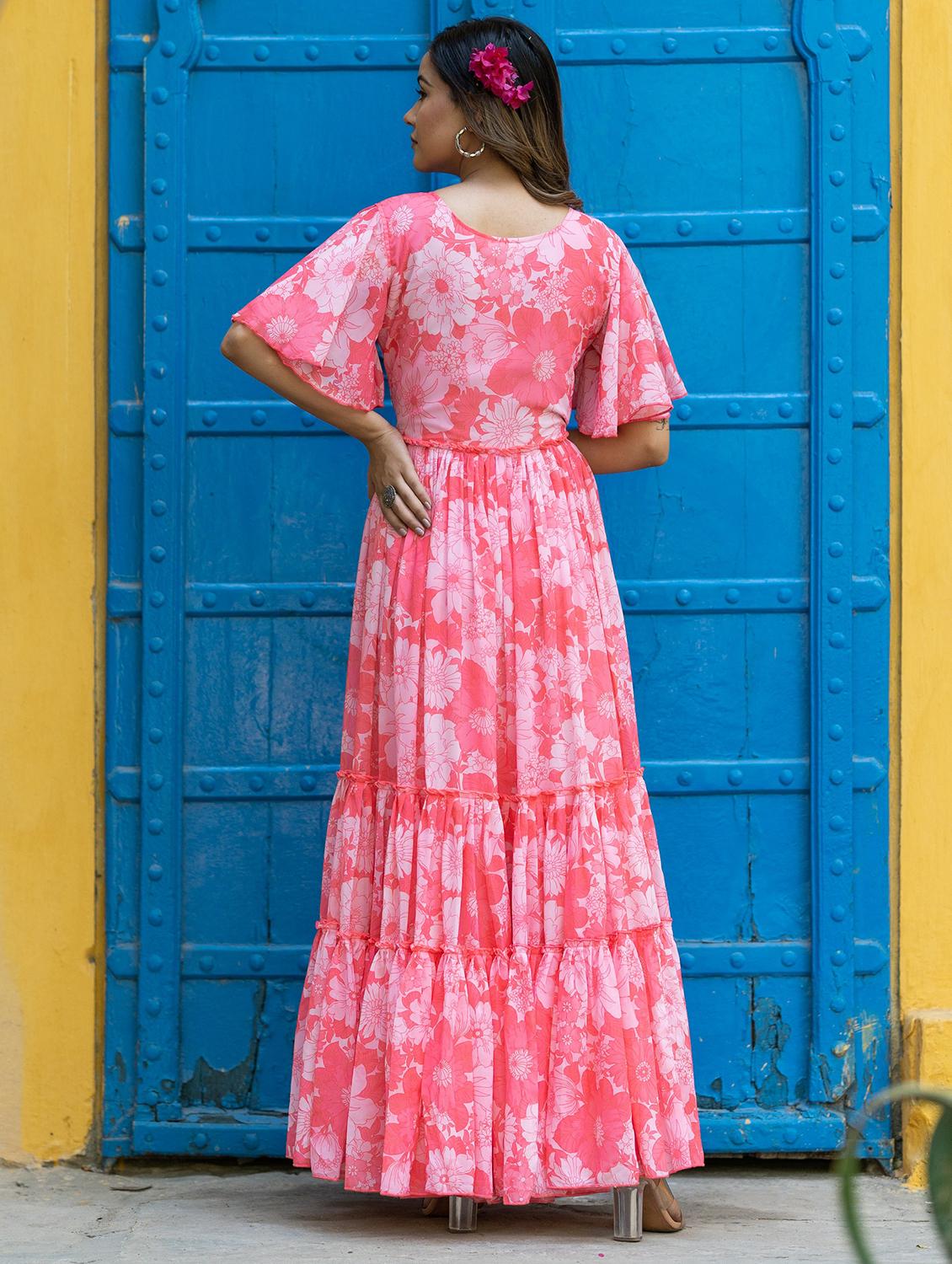 women printed flared sleeves tiered dress - 21342301 - Standard Image - 2