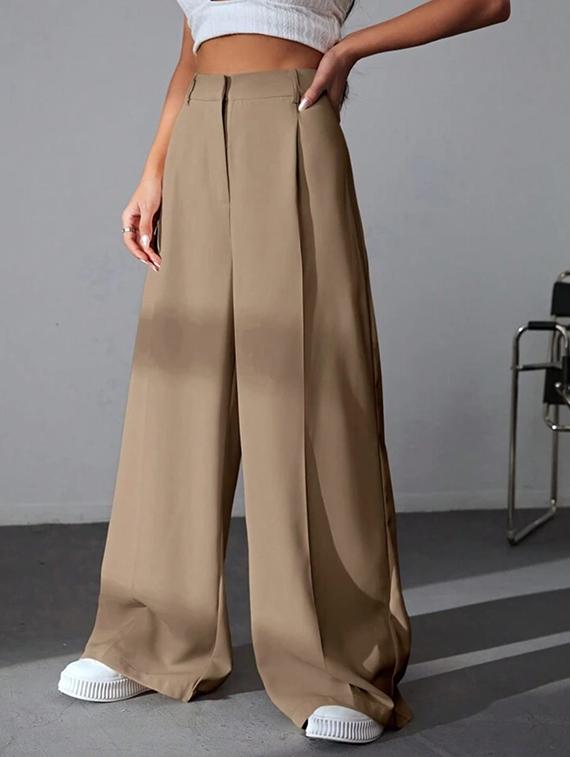 women mid-rise solid wide leg trouser - 21347663 - Standard Image - 3