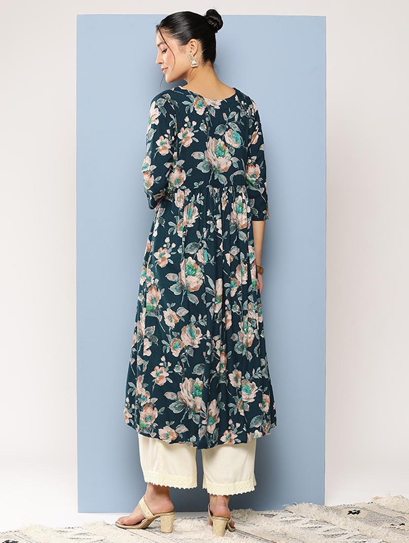 women three quarter sleeve flared kurta - 21357300 - Standard Image - 2